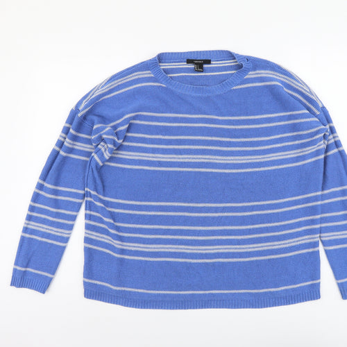 FOREVER 21 Womens Blue Round Neck Striped Cotton Pullover Jumper Size S