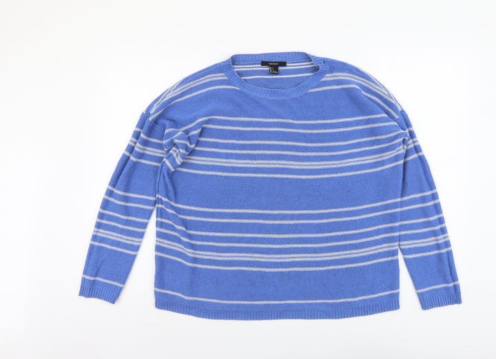 FOREVER 21 Womens Blue Round Neck Striped Cotton Pullover Jumper Size S