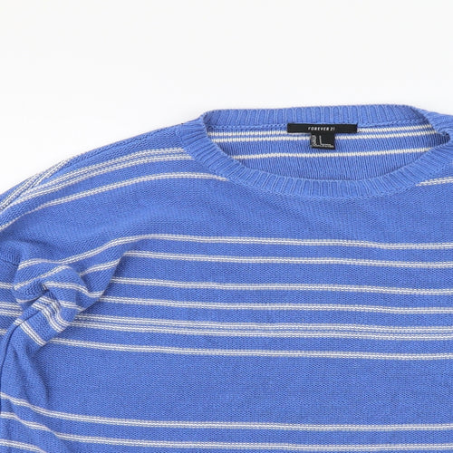 FOREVER 21 Womens Blue Round Neck Striped Cotton Pullover Jumper Size S