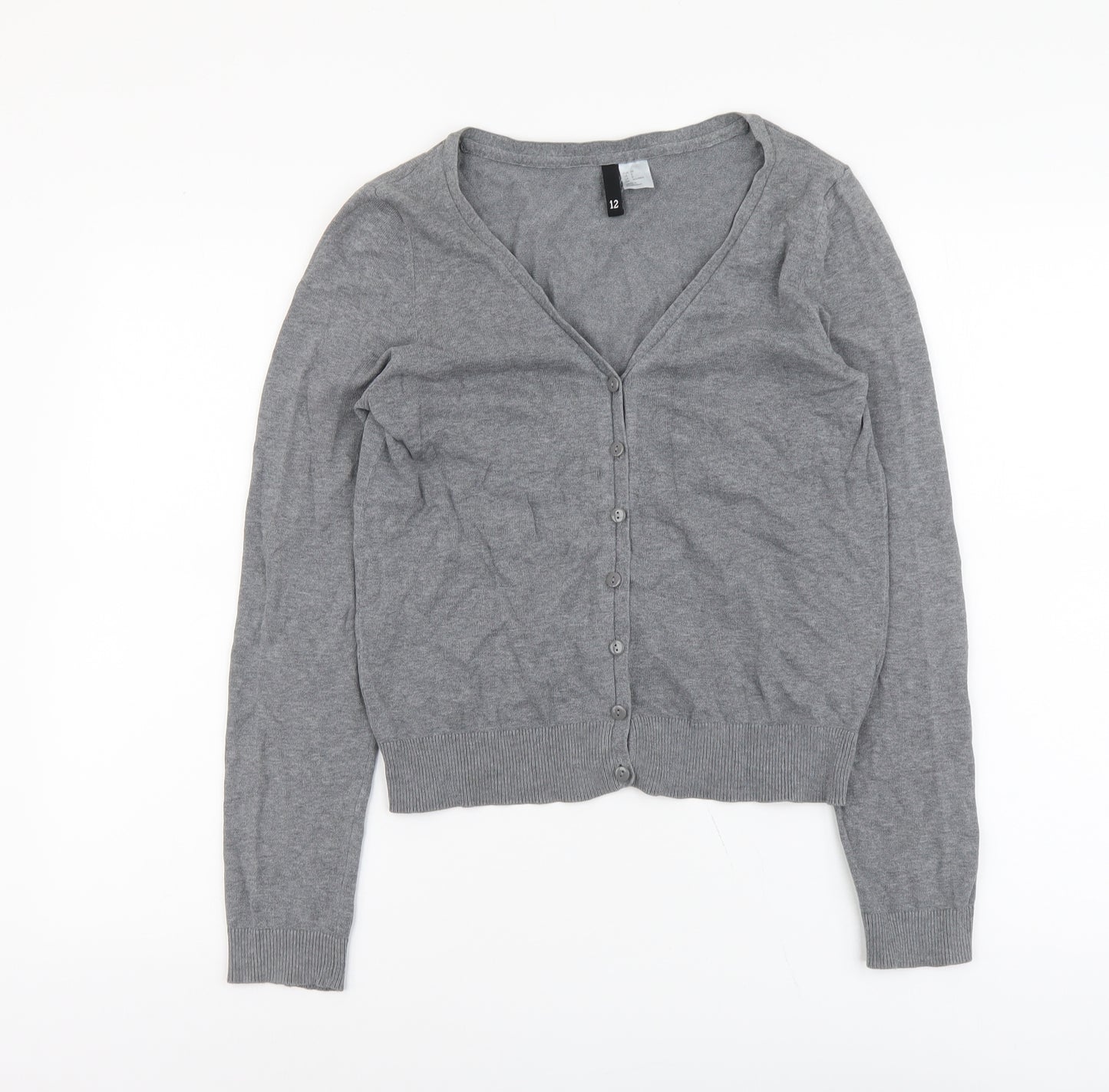H&M Womens Grey V-Neck Cotton Cardigan Jumper Size 12