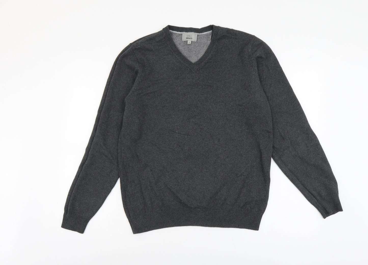 Marks and Spencer Mens Grey V-Neck Cotton Pullover Jumper Size S Long Sleeve