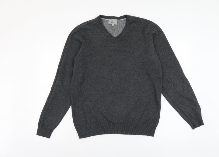 Marks and Spencer Mens Grey V-Neck Cotton Pullover Jumper Size S Long Sleeve