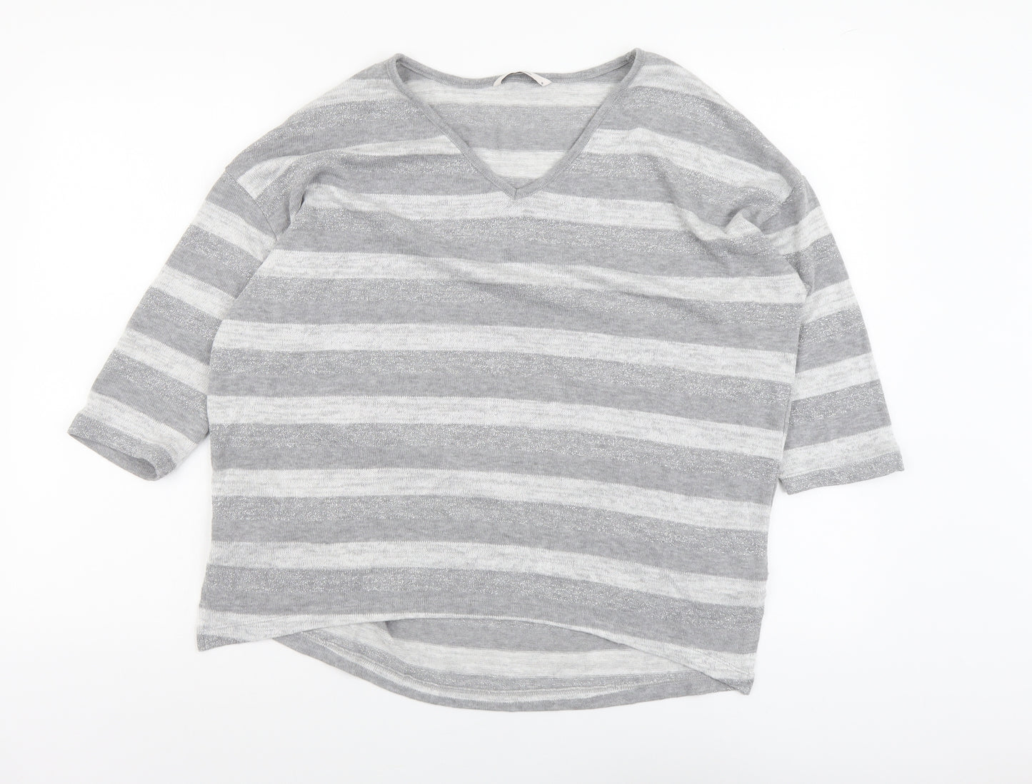 TU Womens Grey V-Neck Striped Polyester Pullover Jumper Size 16