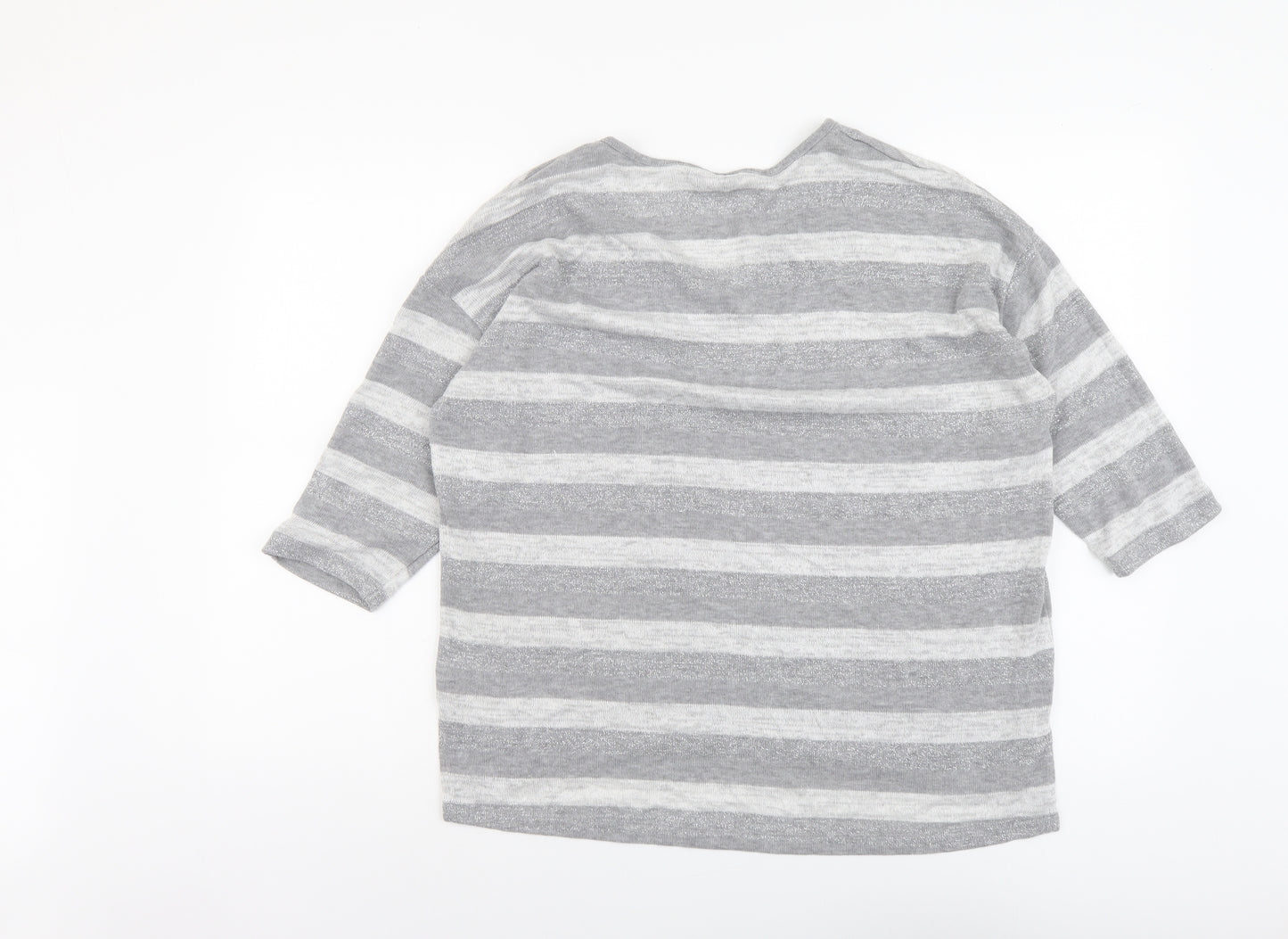 TU Womens Grey V-Neck Striped Polyester Pullover Jumper Size 16