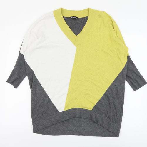 Marble Womens Multicoloured V-Neck Geometric Cotton Pullover Jumper Size 4 - Colourblock Drop Shoulder