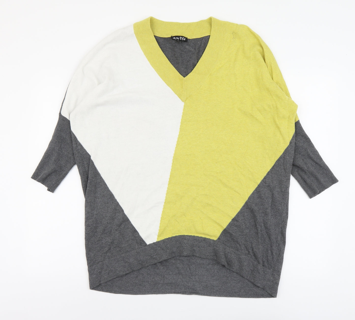 Marble Womens Multicoloured V-Neck Geometric Cotton Pullover Jumper Size 4 - Colourblock Drop Shoulder