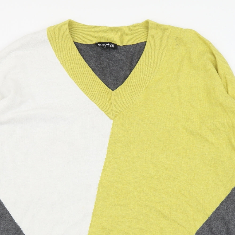 Marble Womens Multicoloured V-Neck Geometric Cotton Pullover Jumper Size 4 - Colourblock Drop Shoulder