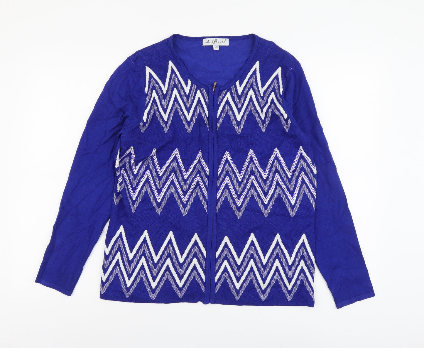 Mund Flowers Womens Blue Scoop Neck Geometric Viscose Full Zip Jumper Size S