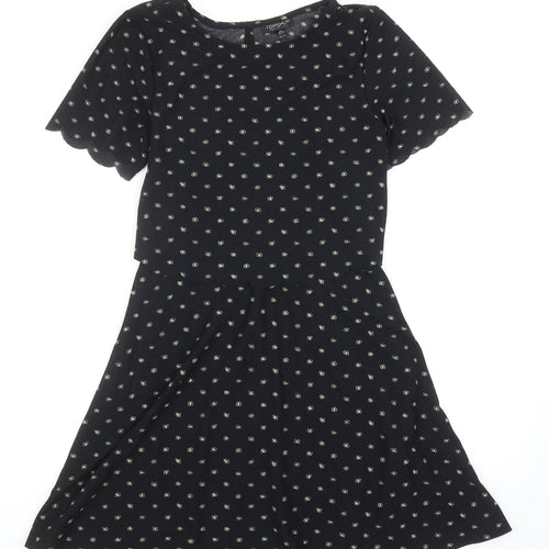 Topshop Womens Black Floral Polyester Fit & Flare Size 6 Round Neck Pullover