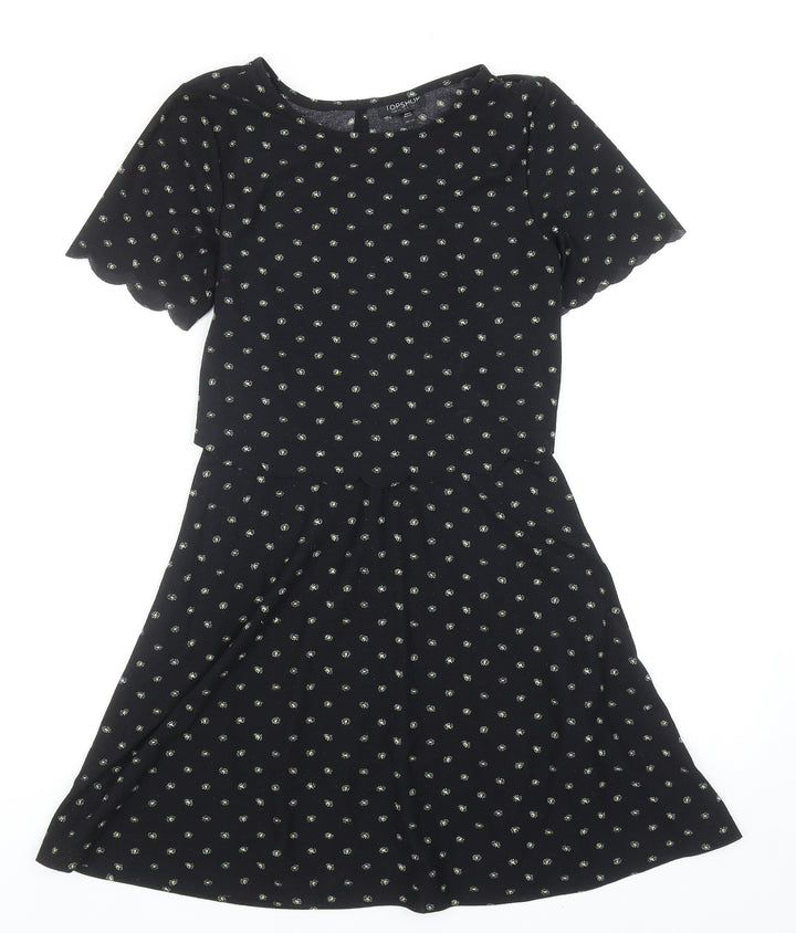 Topshop Womens Black Floral Polyester Fit & Flare Size 6 Round Neck Pullover