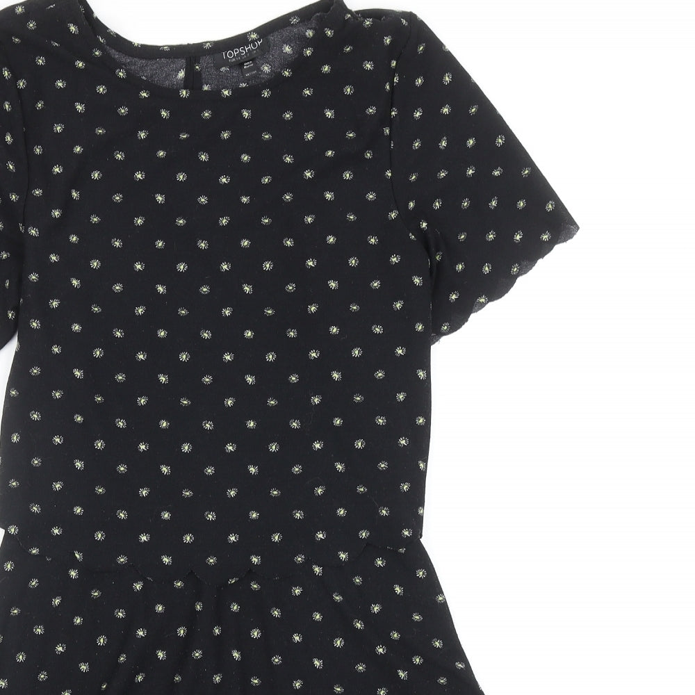 Topshop Womens Black Floral Polyester Fit & Flare Size 6 Round Neck Pullover