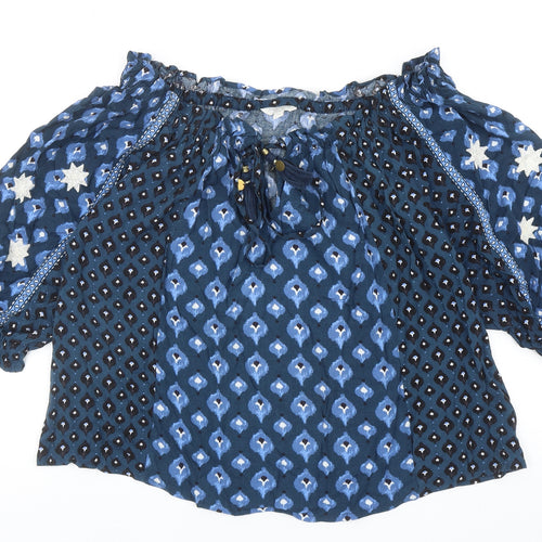 Monsoon Womens Blue Geometric Viscose Cropped Blouse Size S Boat Neck