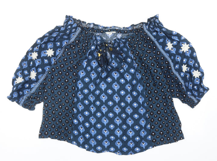 Monsoon Womens Blue Geometric Viscose Cropped Blouse Size S Boat Neck