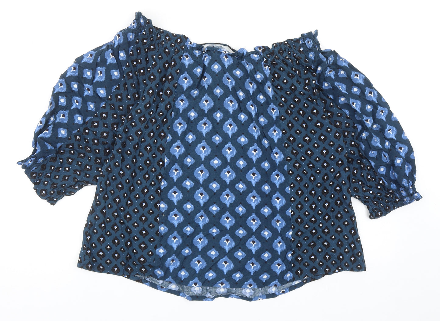 Monsoon Womens Blue Geometric Viscose Cropped Blouse Size S Boat Neck