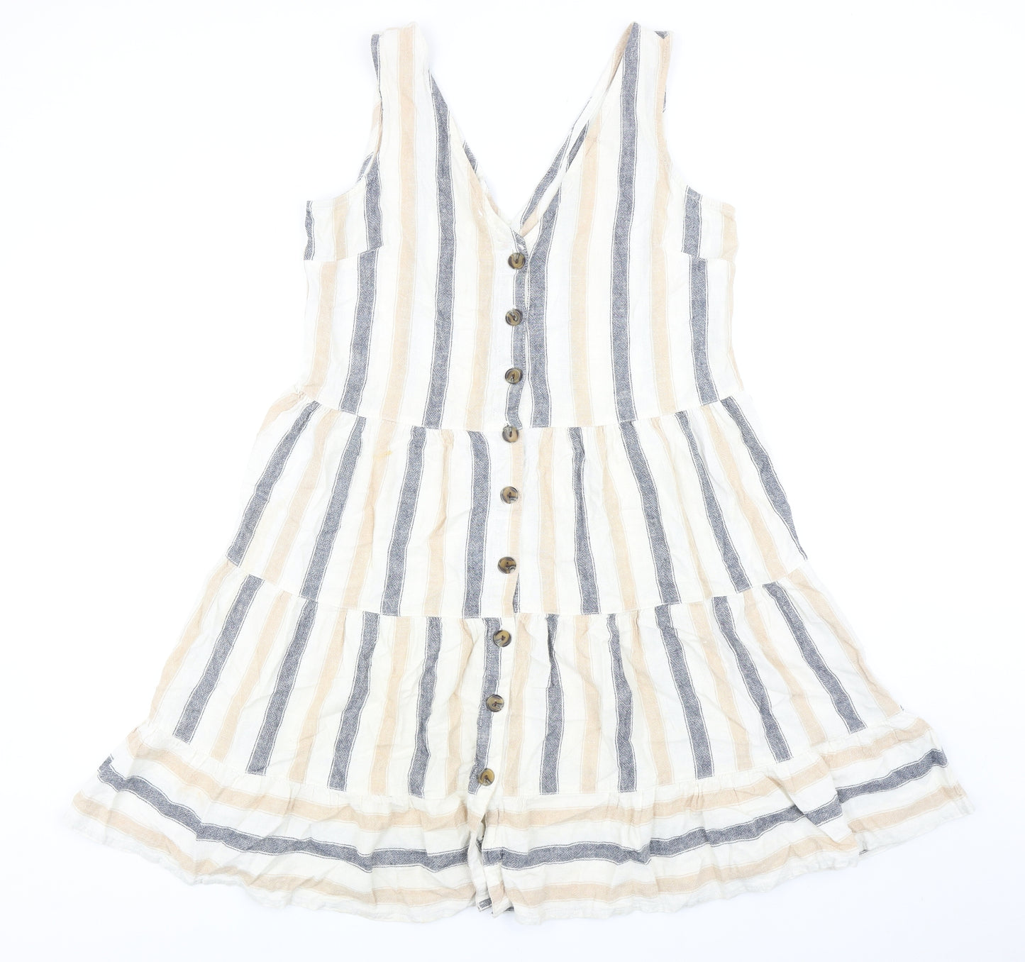 NEXT Womens Beige Striped Linen Tank Dress Size 12 V-Neck Button - Tiered