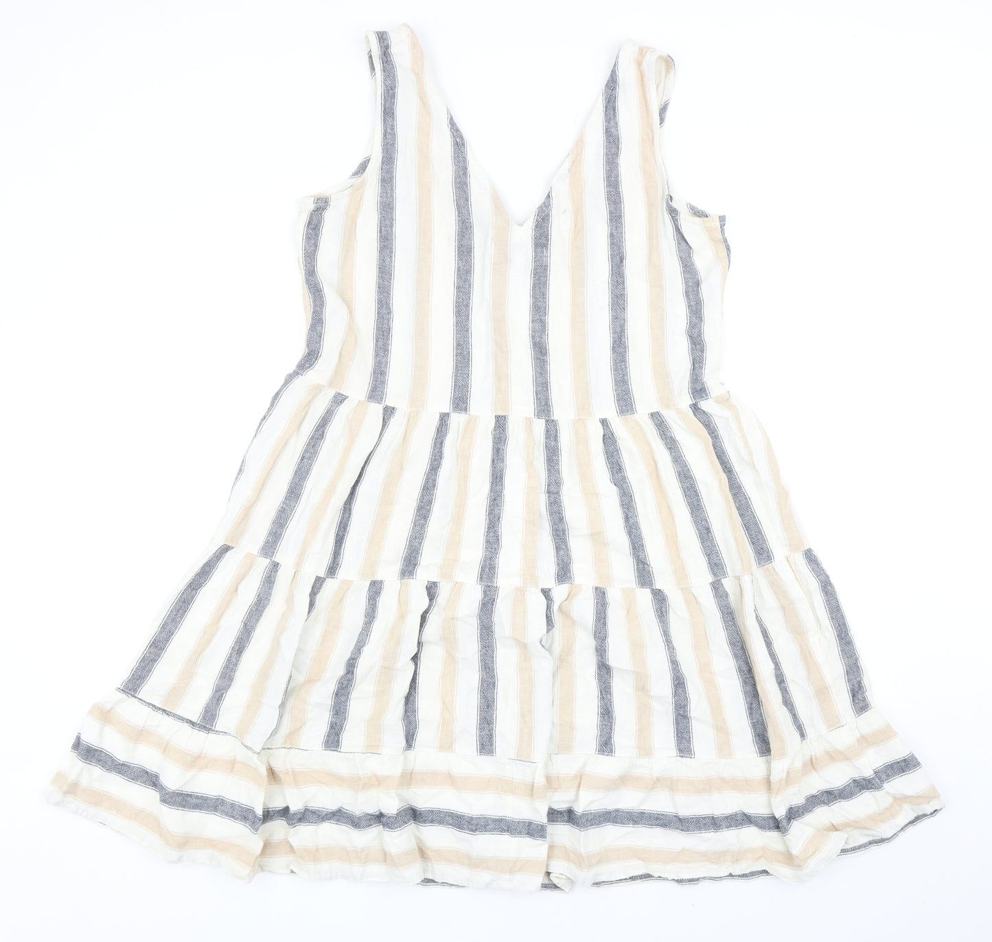 NEXT Womens Beige Striped Linen Tank Dress Size 12 V-Neck Button - Tiered