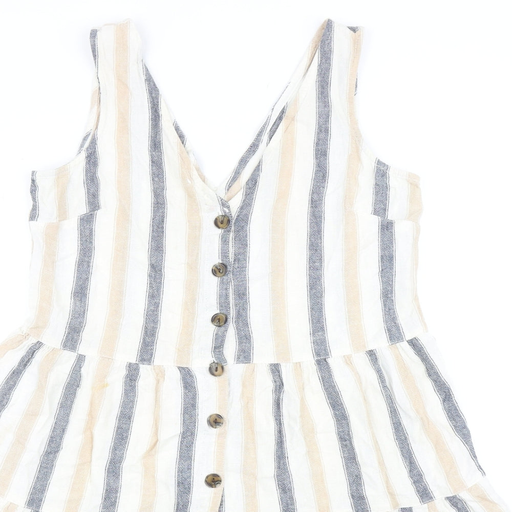 NEXT Womens Beige Striped Linen Tank Dress Size 12 V-Neck Button - Tiered