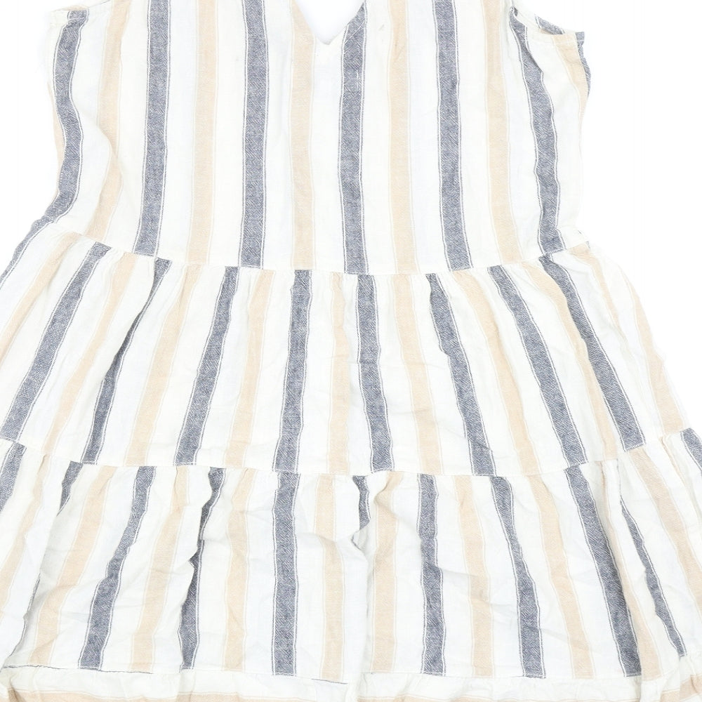 NEXT Womens Beige Striped Linen Tank Dress Size 12 V-Neck Button - Tiered