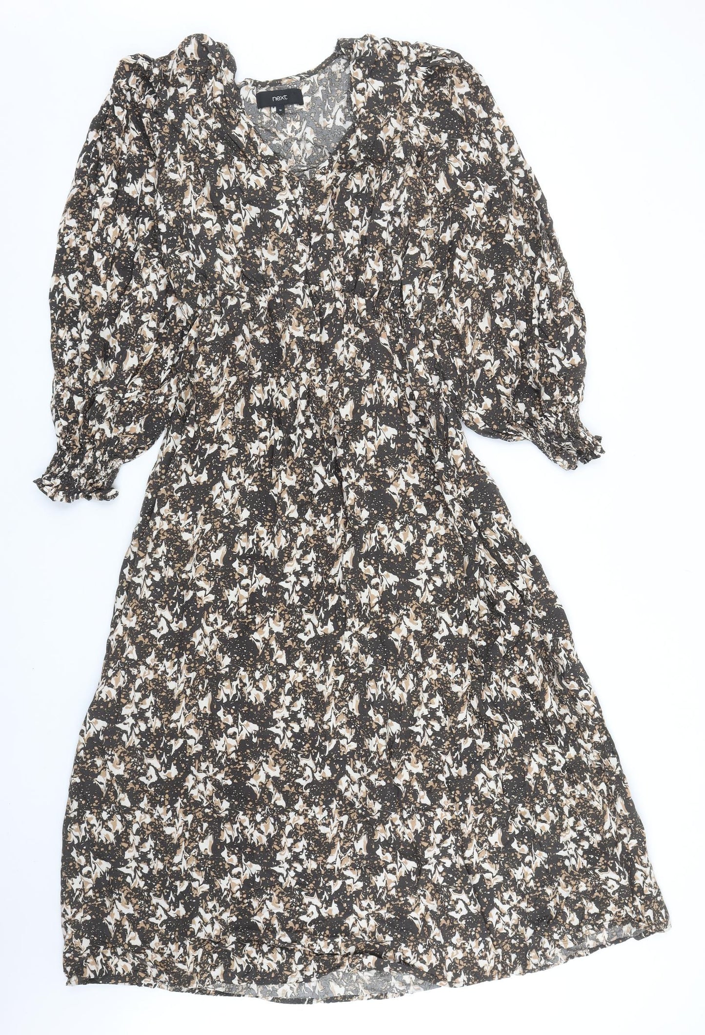 NEXT Womens Brown Geometric Viscose Fit & Flare Size 10 V-Neck Pullover