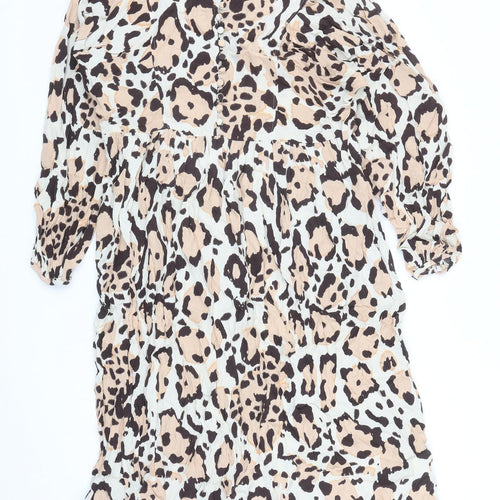 Marks and Spencer Womens Brown Animal Print Viscose A-Line Size 12 Boat Neck Button