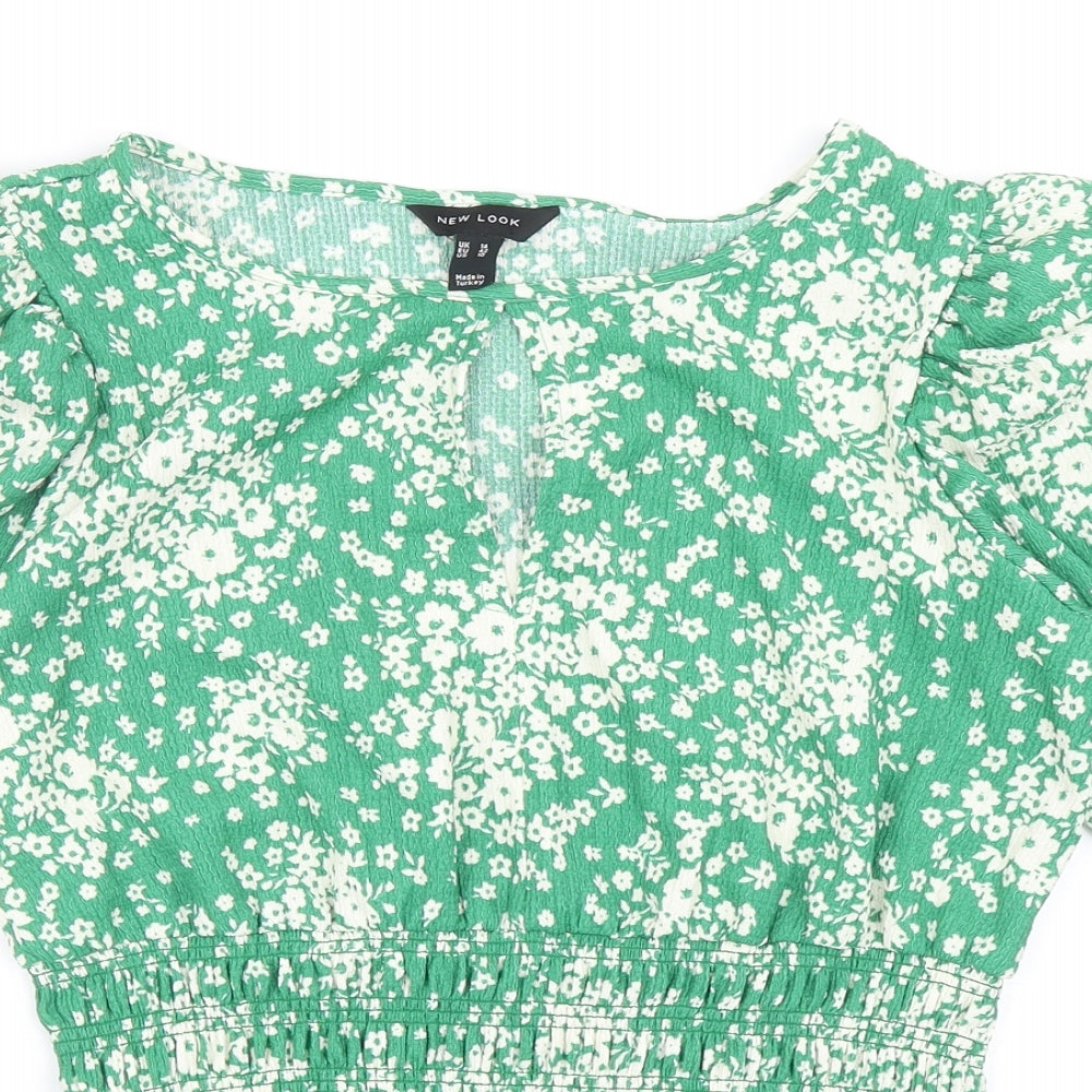 New Look Womens Green Floral Polyester Basic Blouse Size 14 Round Neck