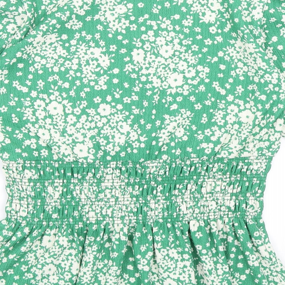 New Look Womens Green Floral Polyester Basic Blouse Size 14 Round Neck