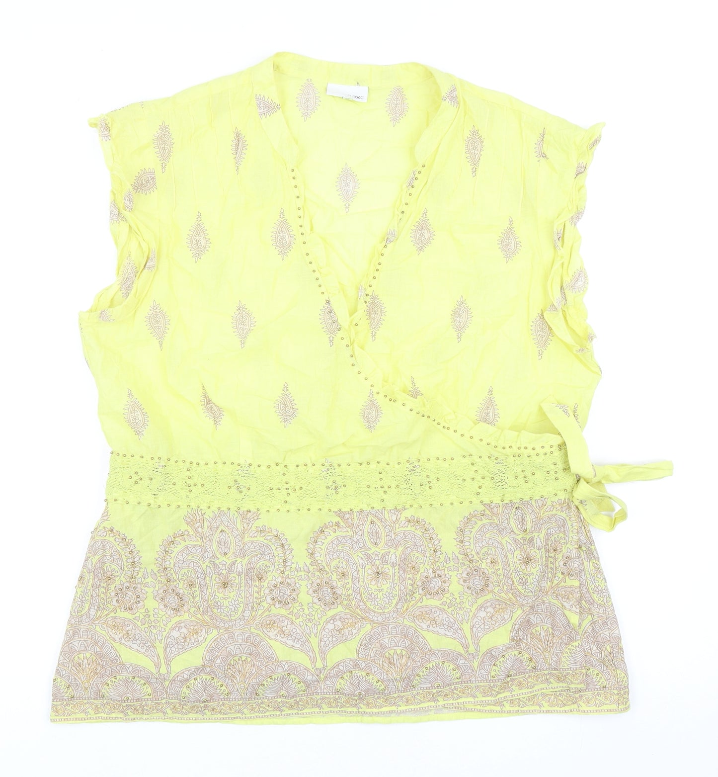 NEXT Womens Yellow Geometric Cotton Wrap Blouse Size 16 V-Neck