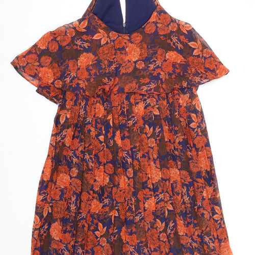 ASOS Womens Orange Floral Polyester A-Line Size 10 Round Neck Zip