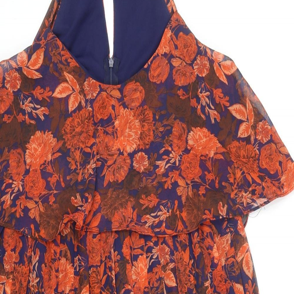 ASOS Womens Orange Floral Polyester A-Line Size 10 Round Neck Zip