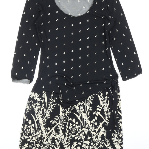 Studio Womens Black Floral Polyester A-Line Size S Scoop Neck Pullover