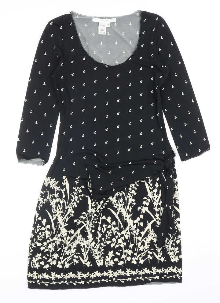 Studio Womens Black Floral Polyester A-Line Size S Scoop Neck Pullover