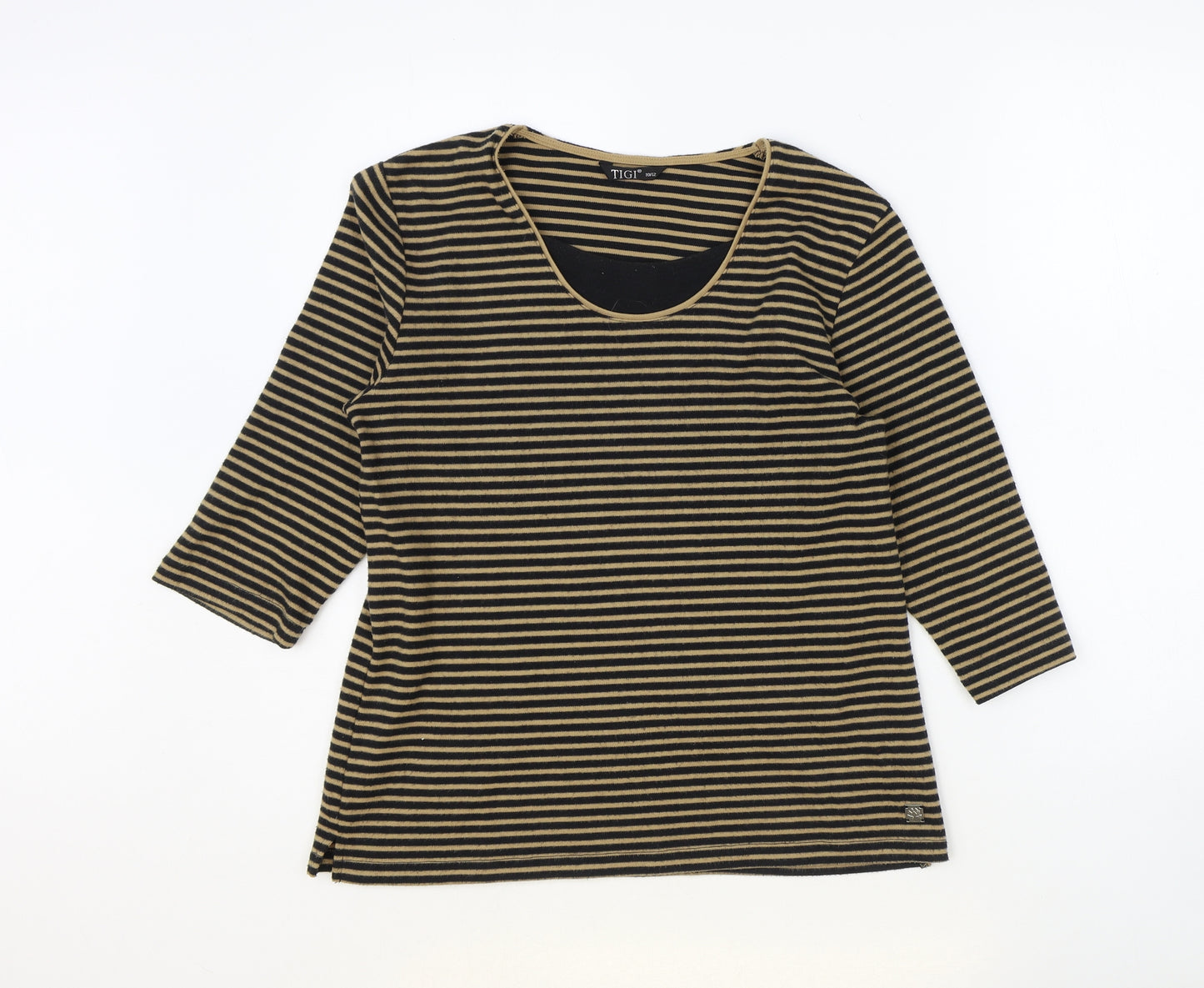 TIGI Womens Brown Striped Polyester Basic Blouse Size 12 Scoop Neck - Size 12-14