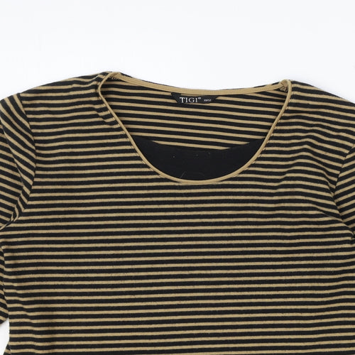 TIGI Womens Brown Striped Polyester Basic Blouse Size 12 Scoop Neck - Size 12-14