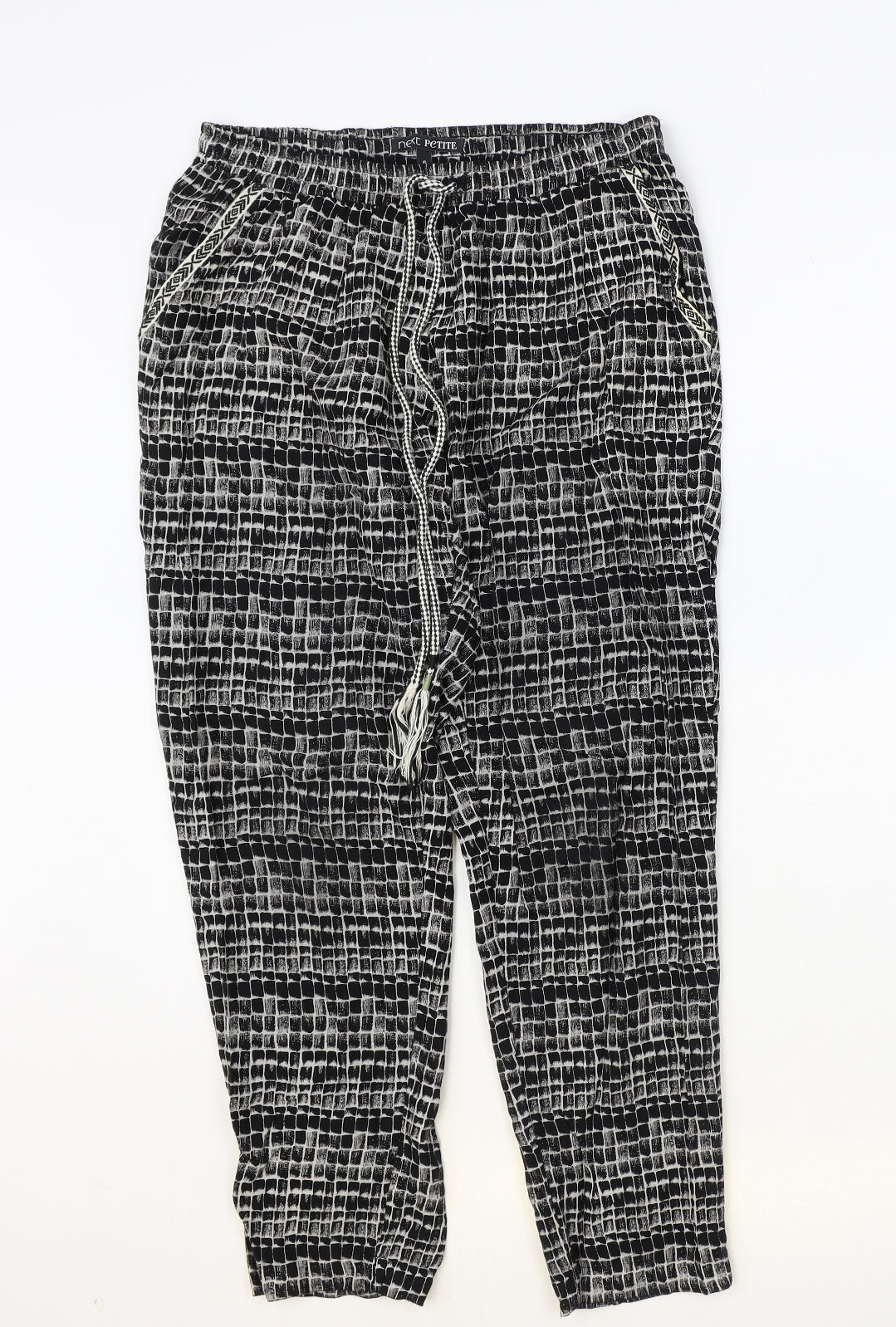 NEXT Womens Black Geometric Viscose Trousers Size 6 Regular Tie