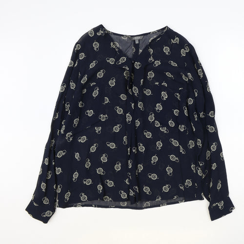 Marks and Spencer Womens Blue Geometric Viscose Basic Blouse Size 14 V-Neck