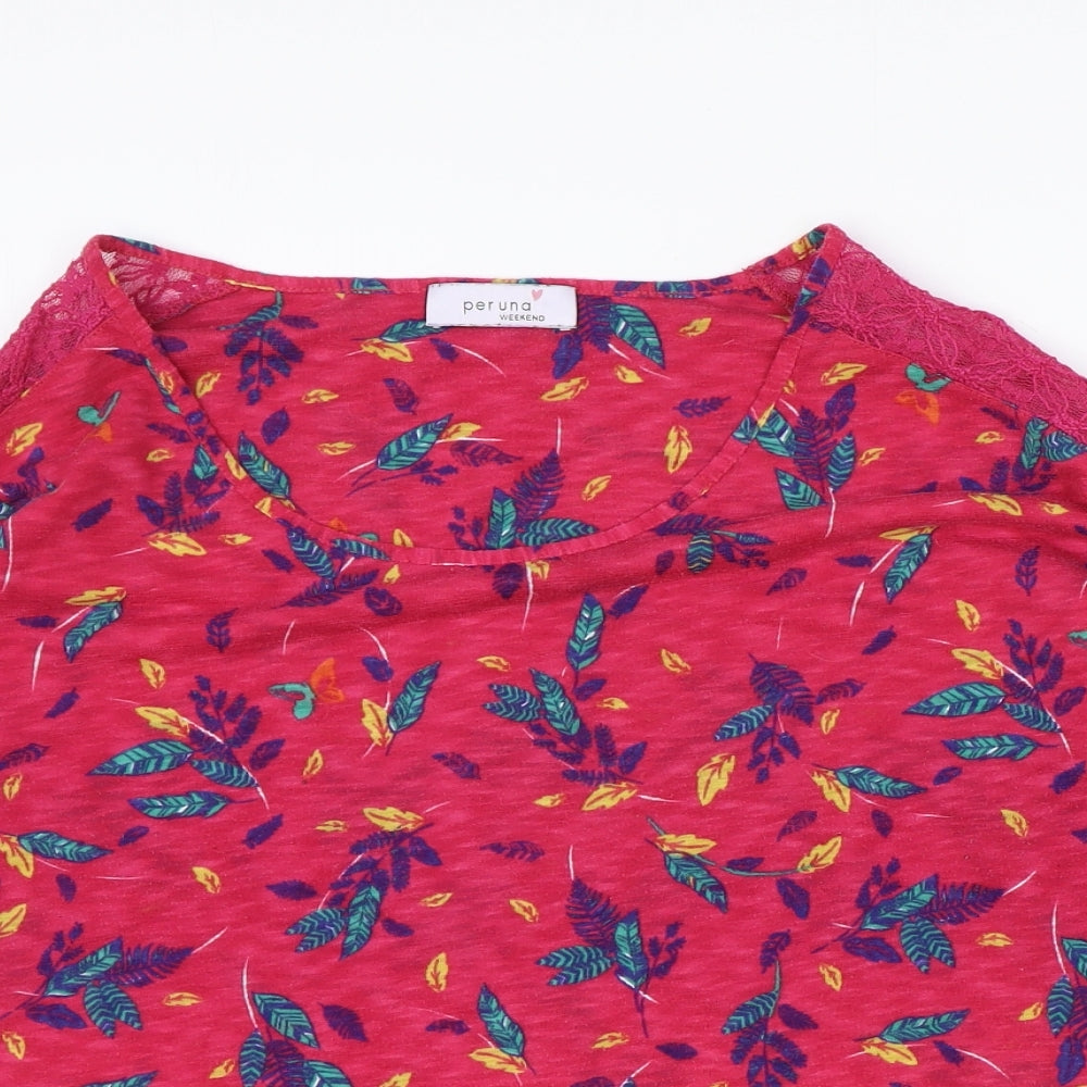 Marks and Spencer Womens Pink Floral Cotton Basic Blouse Size 14 Boat Neck