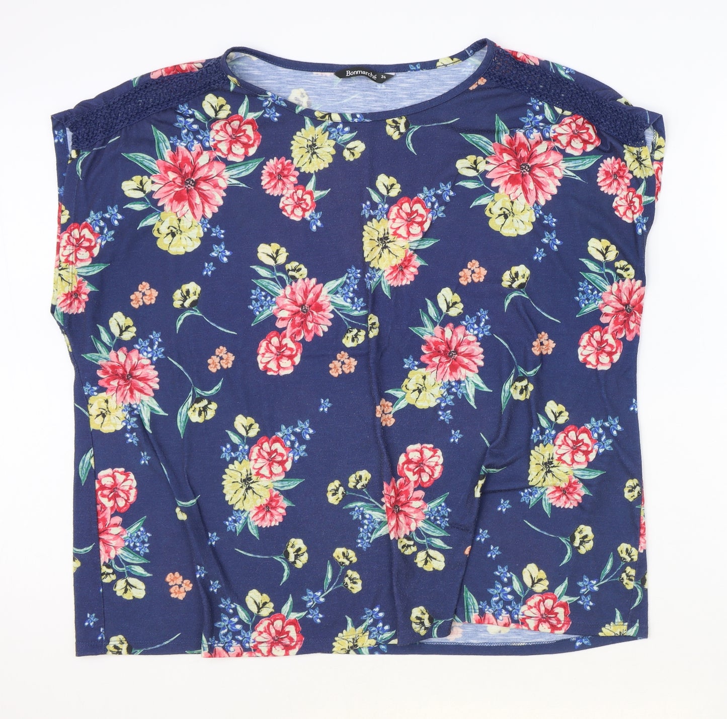 Bonmarché Womens Blue Floral Polyester Basic T-Shirt Size 24 Boat Neck