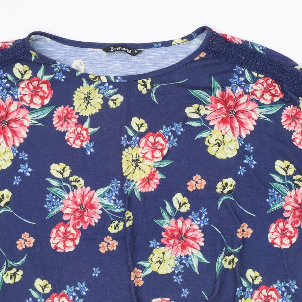 Bonmarché Womens Blue Floral Polyester Basic T-Shirt Size 24 Boat Neck