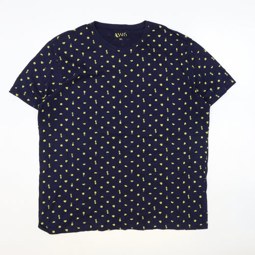 ACW85 Womens Blue Geometric 100% Cotton Basic T-Shirt Size XL Round Neck - Pineapple Pattern