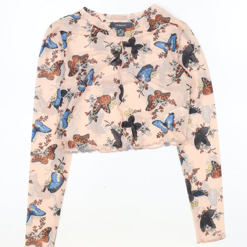 Primark Womens Pink Geometric Polyester Cropped Blouse Size XS Round Neck - Butterfly Pattern