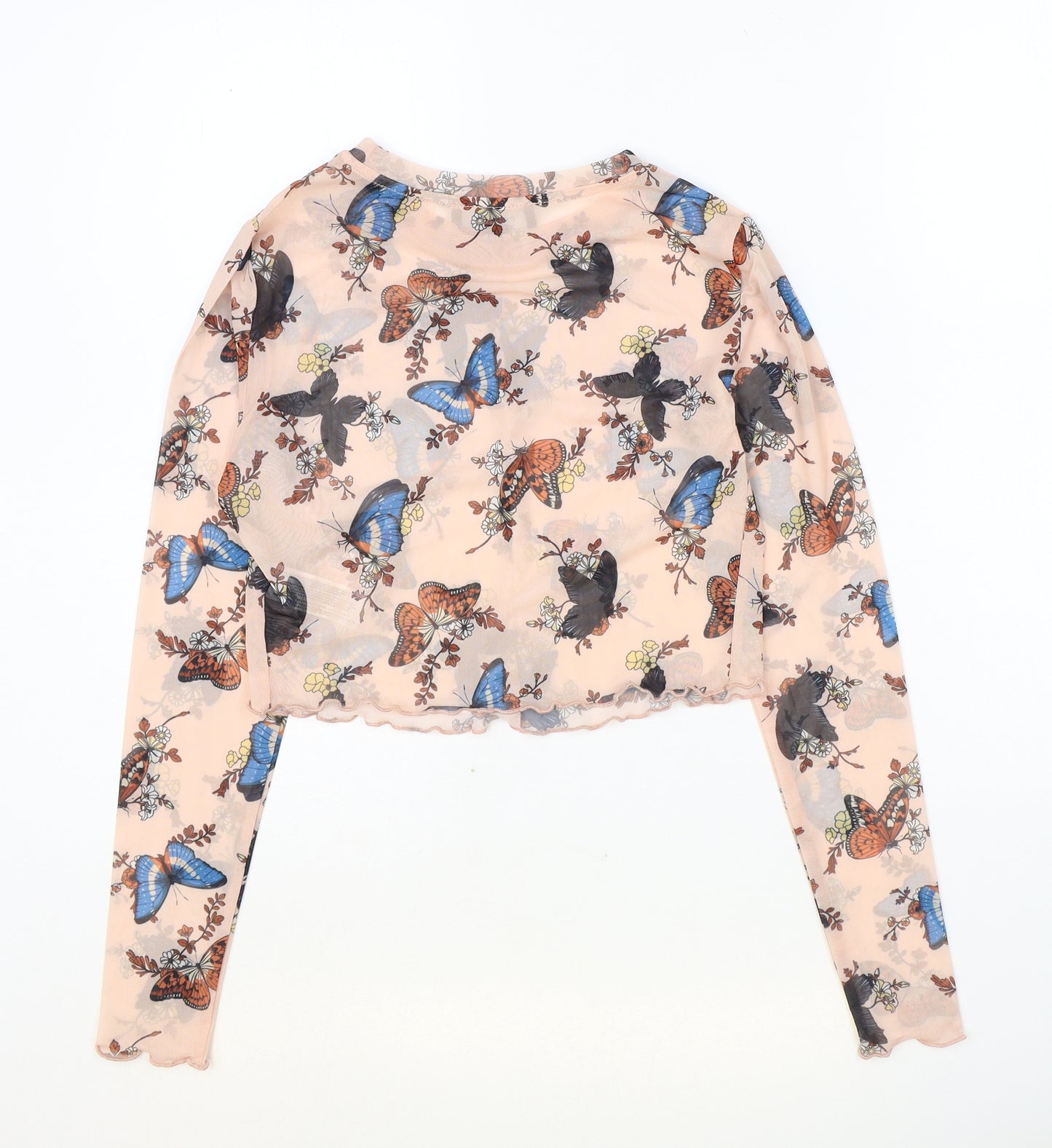 Primark Womens Pink Geometric Polyester Cropped Blouse Size XS Round Neck - Butterfly Pattern