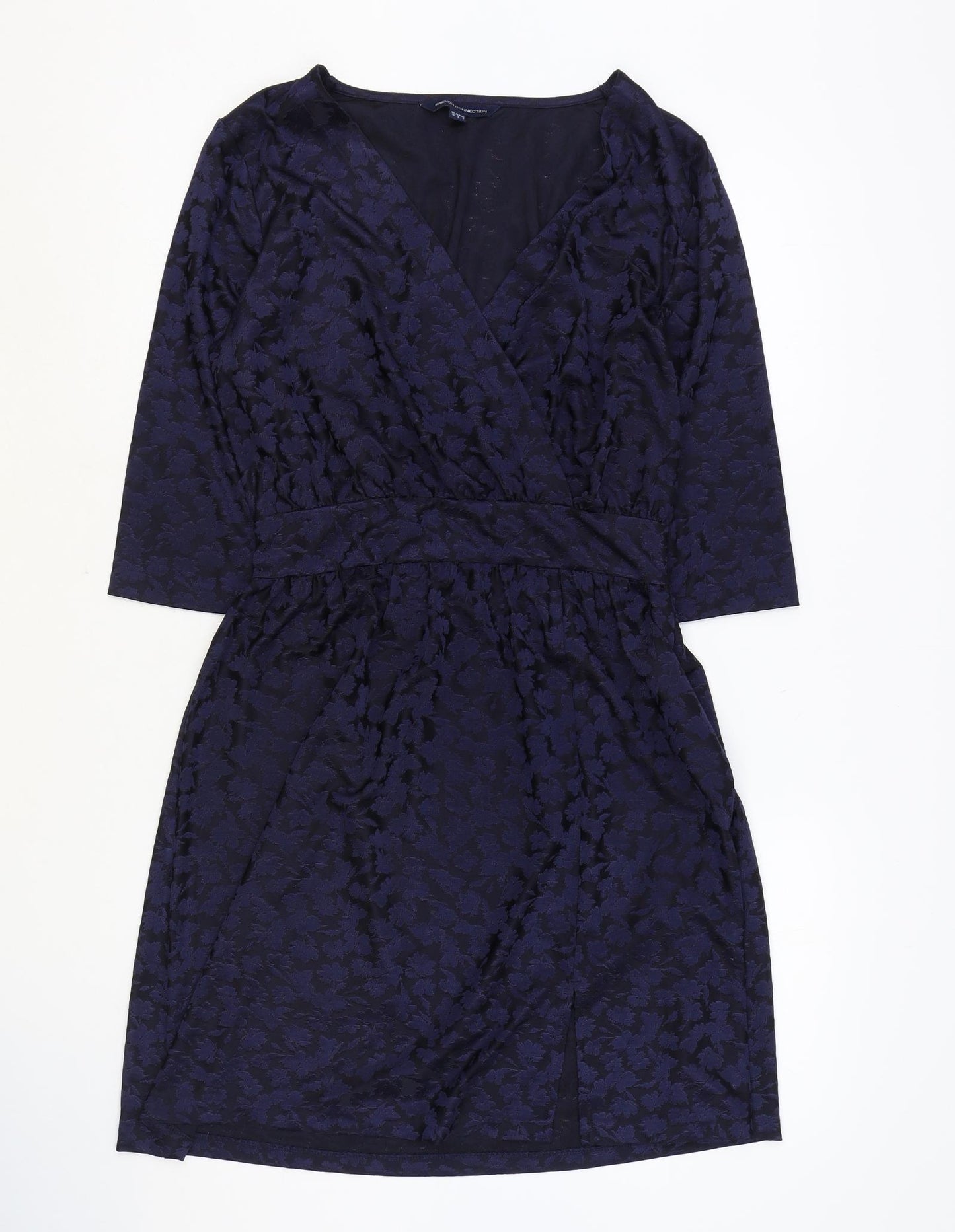 French Connection Womens Blue Geometric Polyester A-Line Size 10 V-Neck Zip