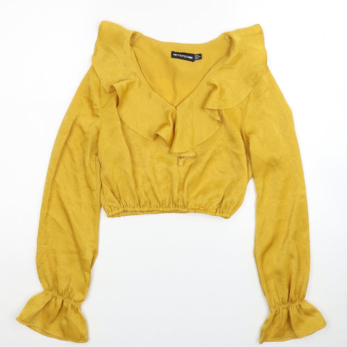 PRETTYLITTLETHING Womens Yellow Polyester Cropped Blouse Size 8 V-Neck - Elastic Hem