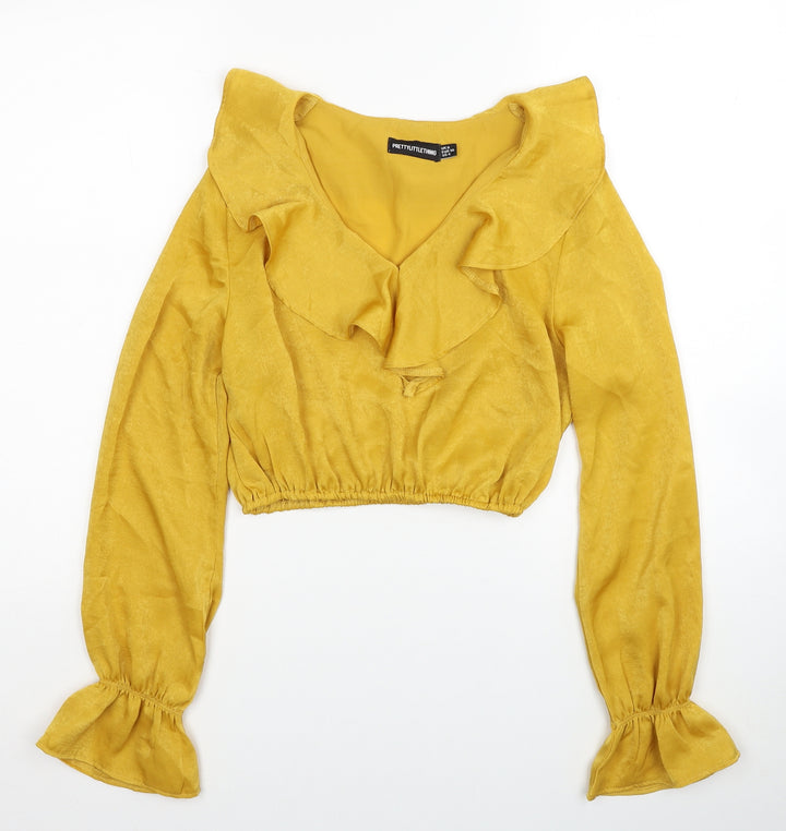 PRETTYLITTLETHING Womens Yellow Polyester Cropped Blouse Size 8 V-Neck - Elastic Hem