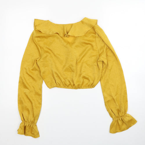 PRETTYLITTLETHING Womens Yellow Polyester Cropped Blouse Size 8 V-Neck - Elastic Hem