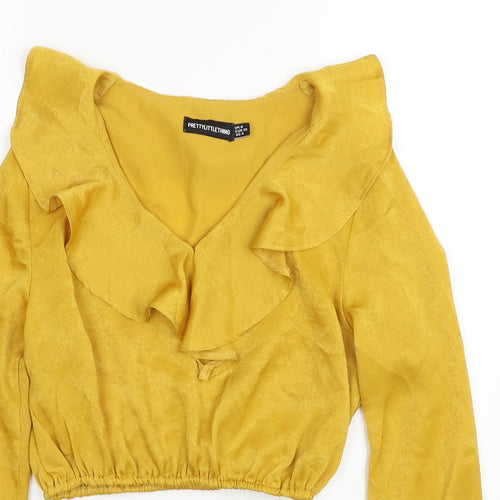 PRETTYLITTLETHING Womens Yellow Polyester Cropped Blouse Size 8 V-Neck - Elastic Hem