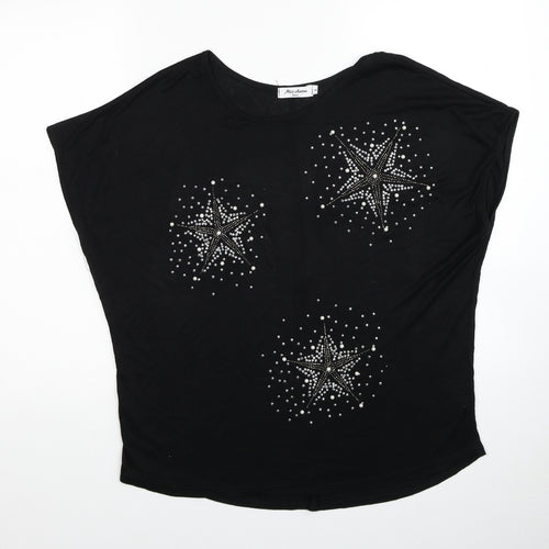 Miss Charm Paris Womens Black Viscose Basic T-Shirt Size L Round Neck - Star