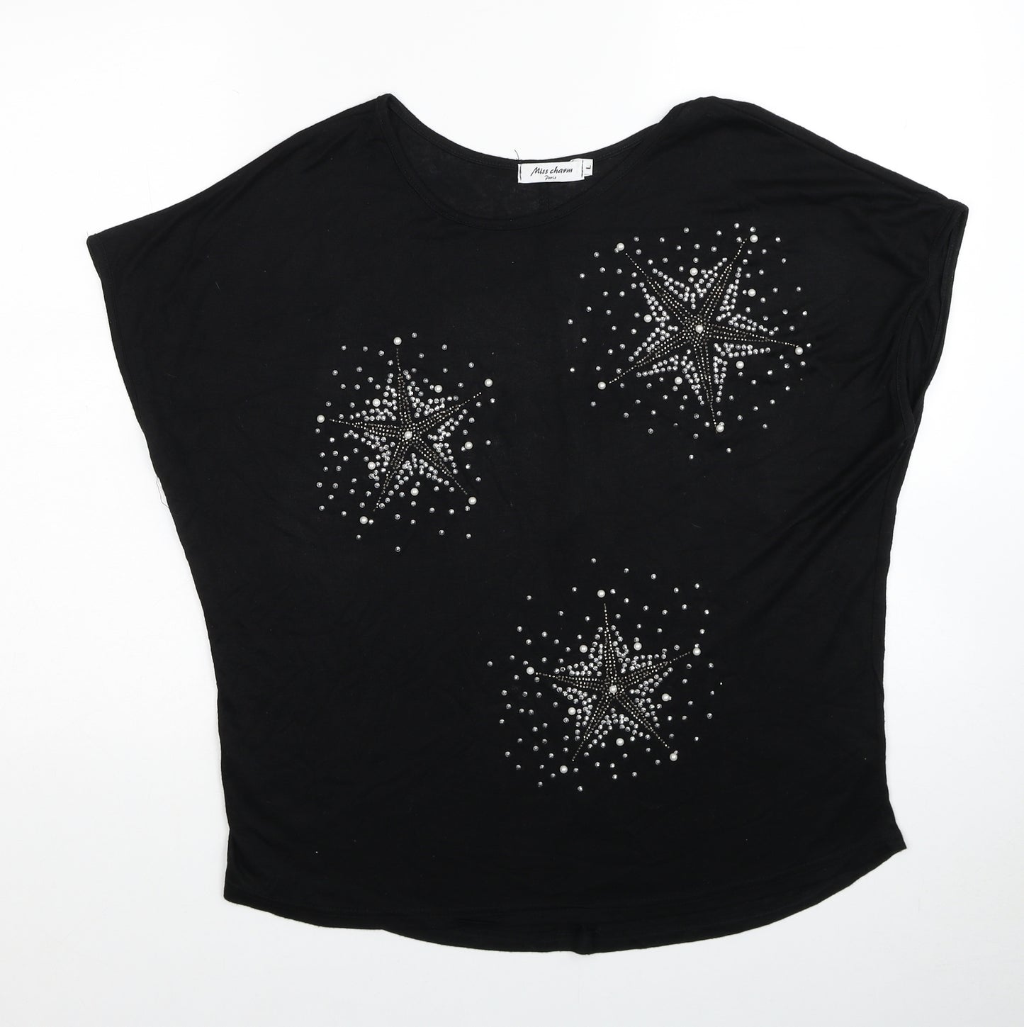 Miss Charm Paris Womens Black Viscose Basic T-Shirt Size L Round Neck - Star