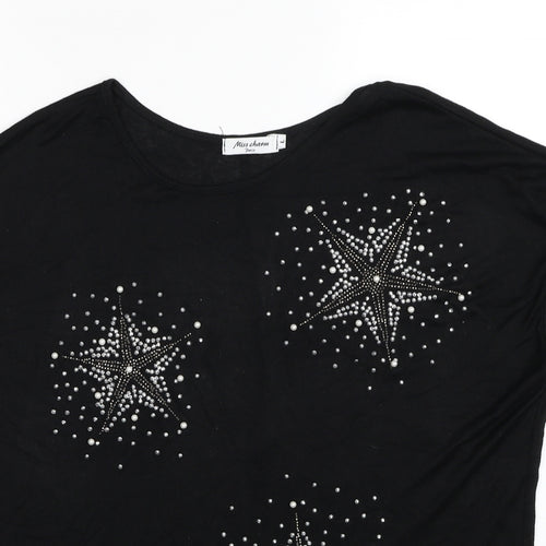 Miss Charm Paris Womens Black Viscose Basic T-Shirt Size L Round Neck - Star