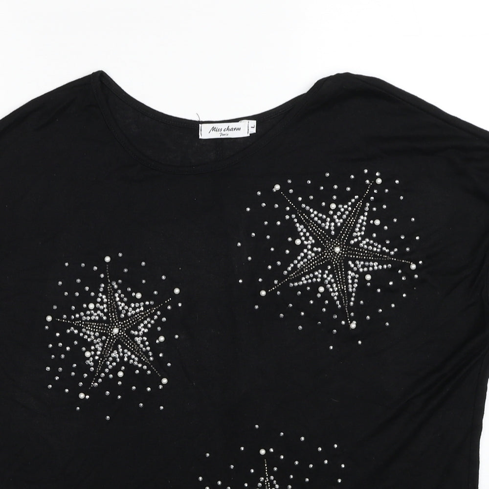 Miss Charm Paris Womens Black Viscose Basic T-Shirt Size L Round Neck - Star
